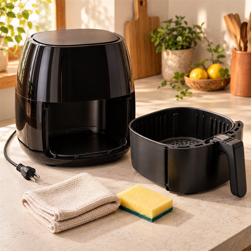 Airfryer desligada com cesto removido e acessórios de limpeza — imagem ilustrativa