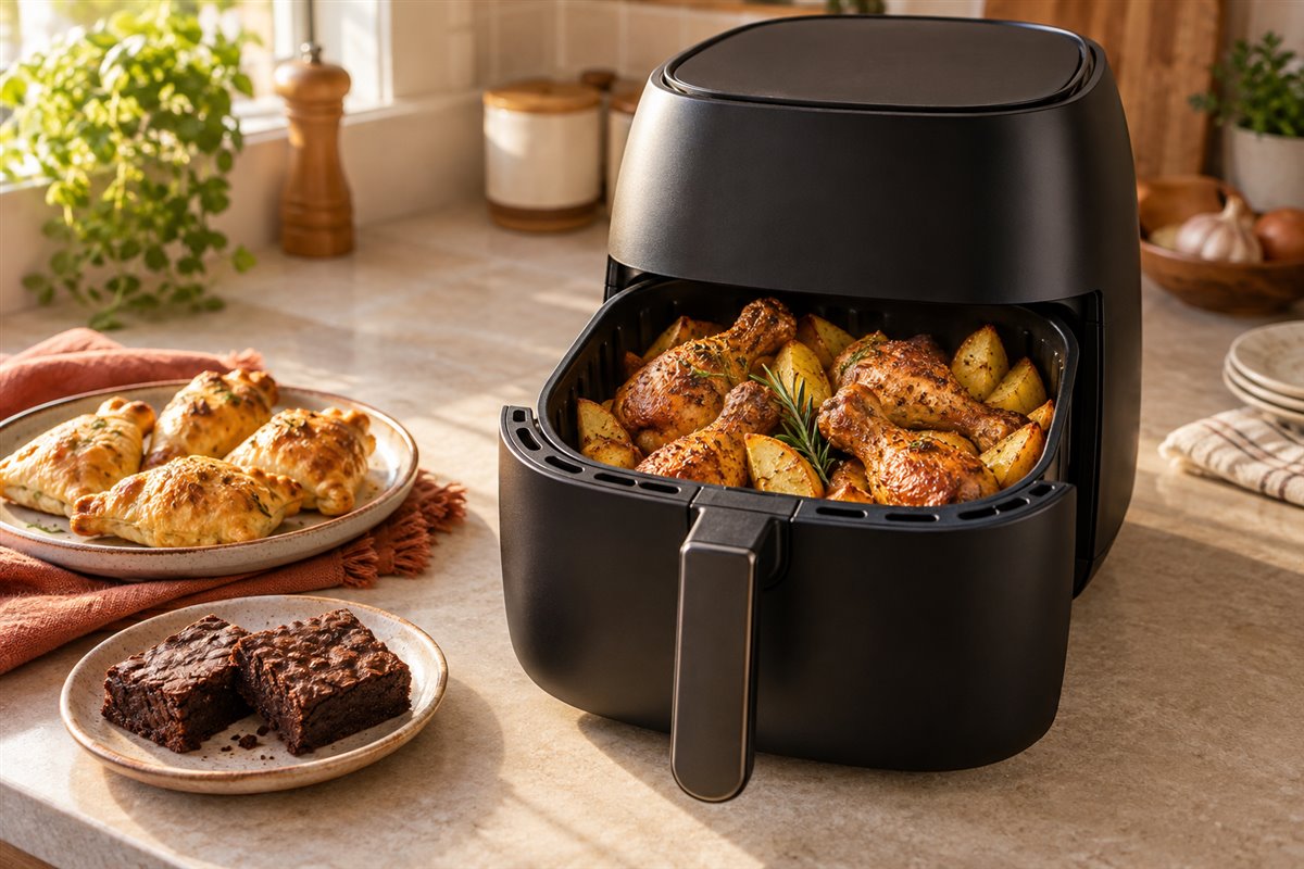 Airfryer com alimentos — imagem ilustrativa