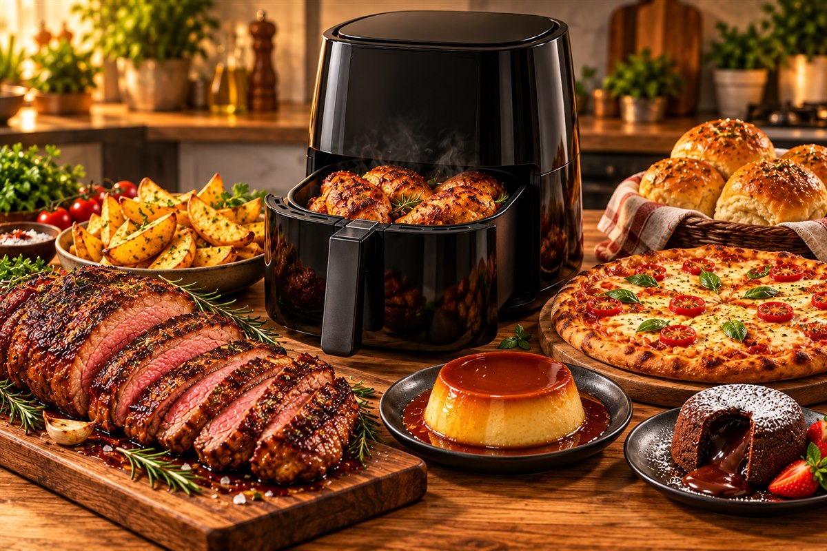 Airfryer cercada de carne assada, frango dourado, batatas, pizza, pães, pudim e bolo de chocolate — imagem ilustrativa
